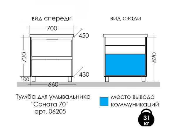 Тумба САМФИРА СОНАТА 70 2-а ящика (для раковины 108168, 102057)