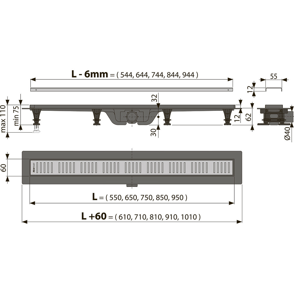 Трап ALCAPLAST/ALCADRAIN ''Симпл'' L550мм с решеткой из нерж. APZ10-550M