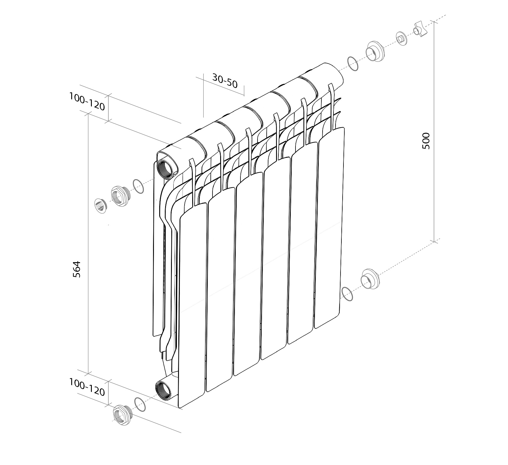 Радиатор биметал. Royal Thermo Revolution В-500/80 _6cекции (теплоотдача 1 сек.170Вт.раб.дав.25 ат)