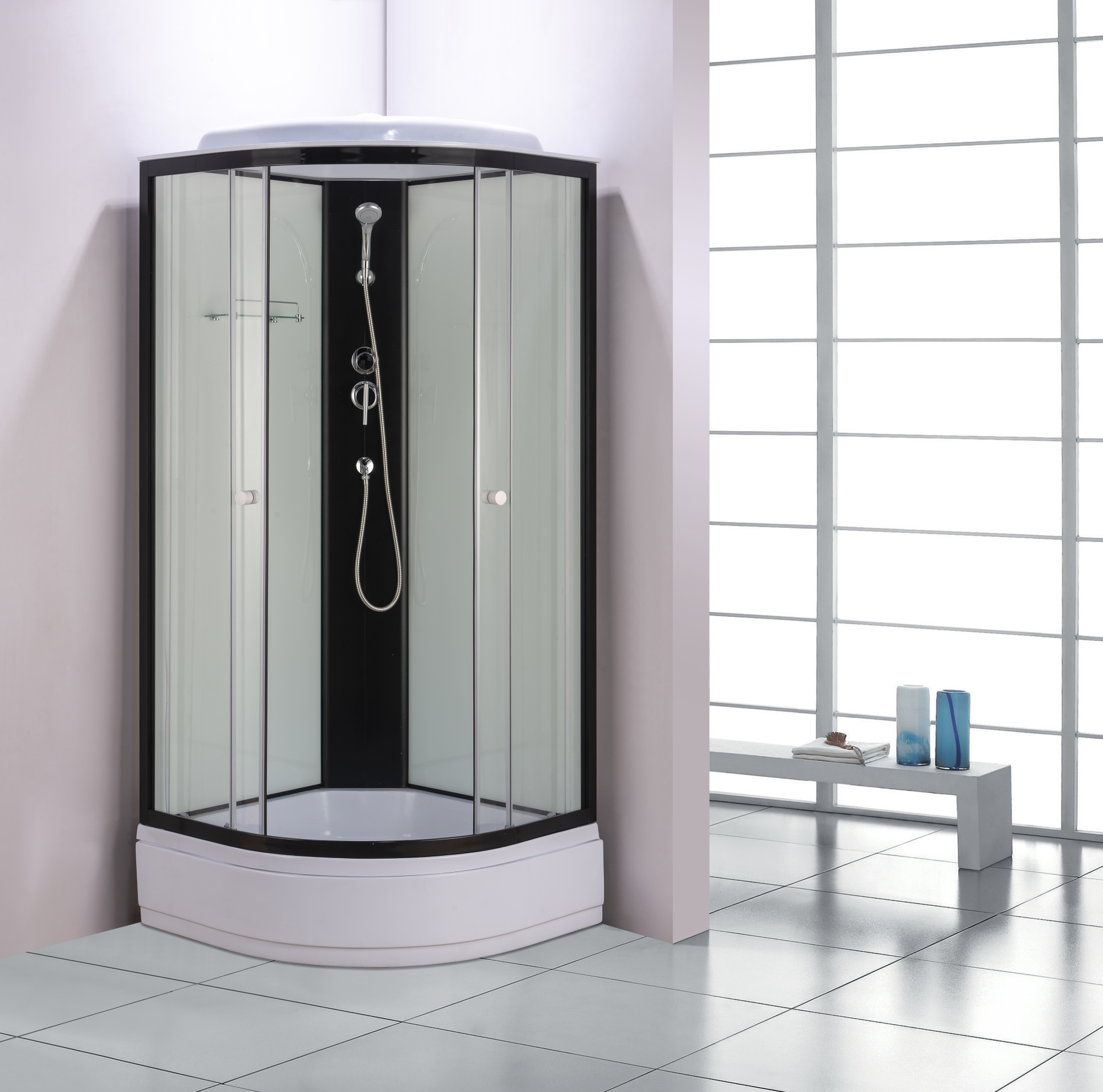 Душевая кабина Меркурий ALT-5010W 100х100х215 Черный профиль, стенки белые + средний поддон